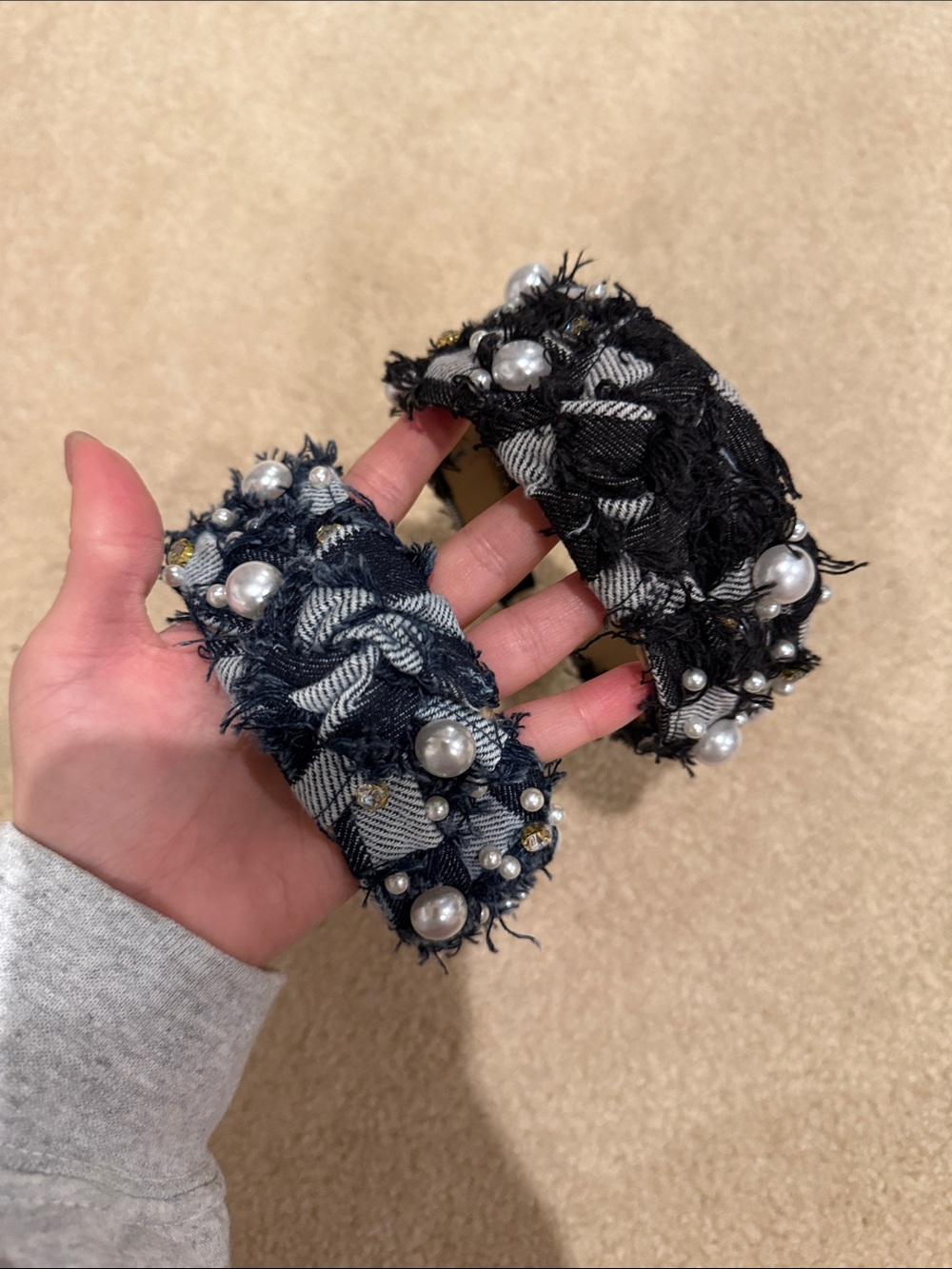 Embellished Tweed Pearl Headband - Black & Navy